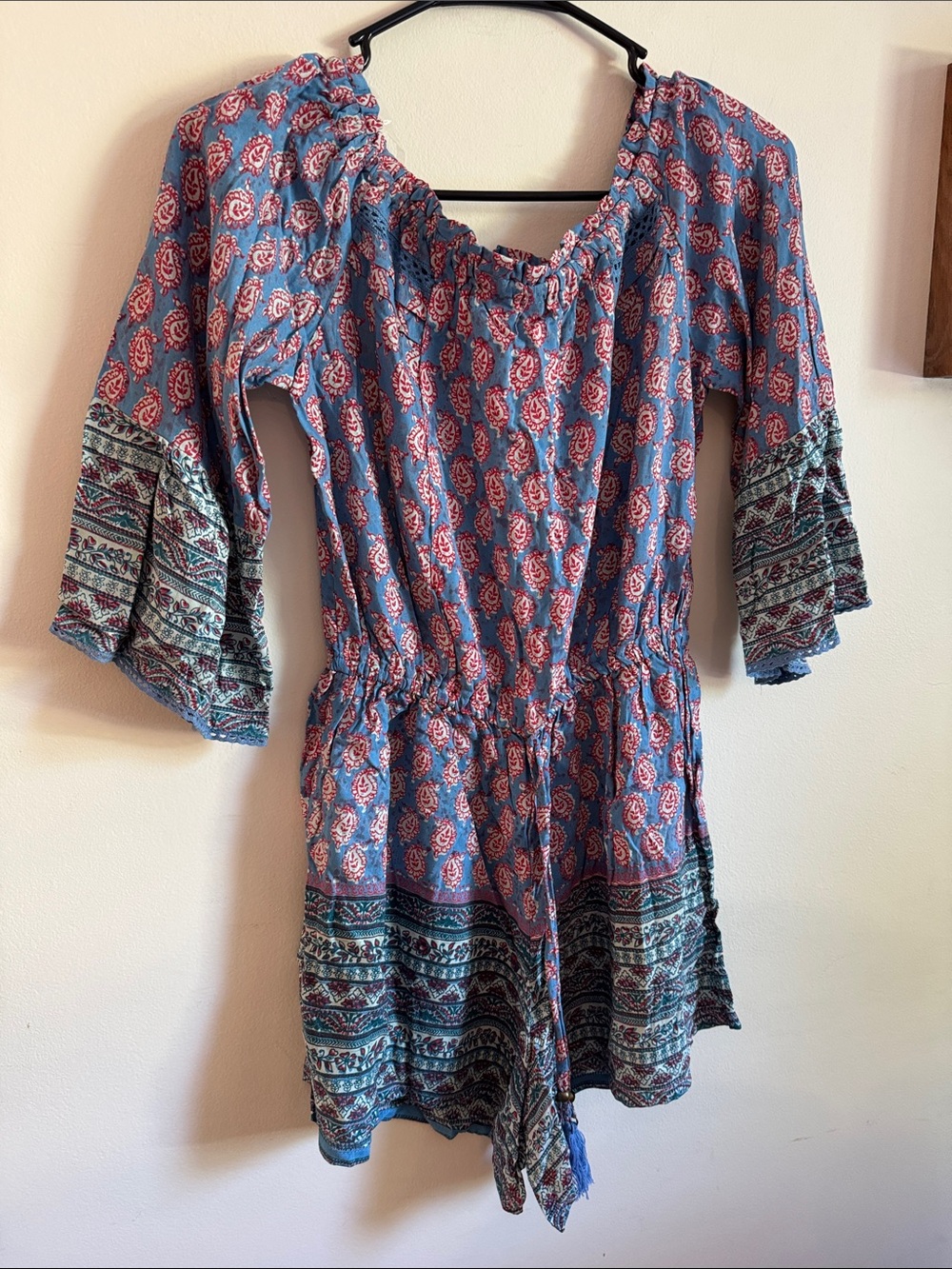 Angie Blue and Pink Paisley Peasant romper